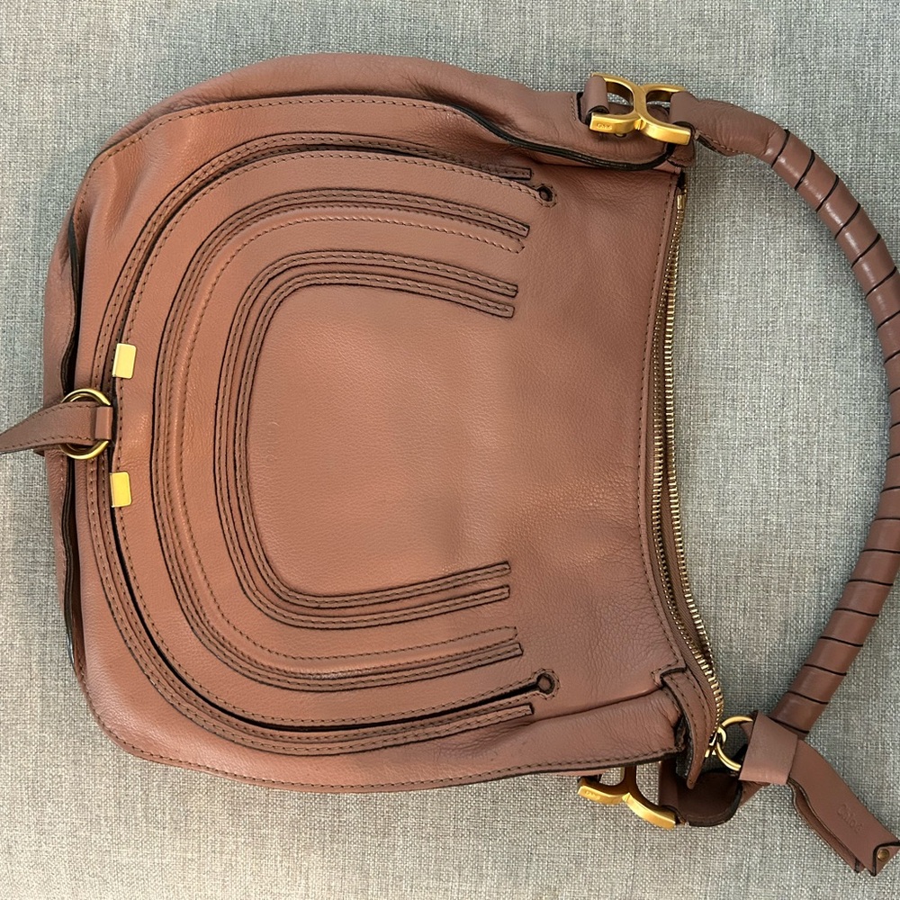 Chloe Marcie Tan Leather Shoulder Bag with Gold Accents